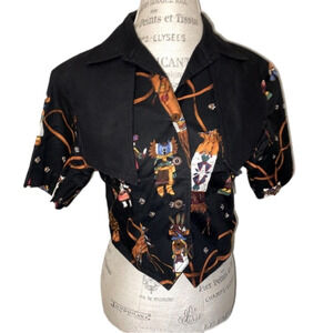 2/$30 Vtg Western Style Art Print Button Down w Shoulder Flaps Tie Up Back S/XS